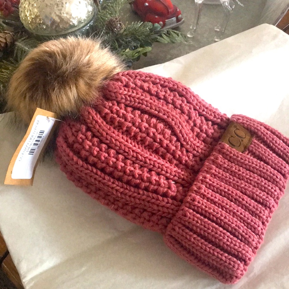 CC beanie hat with fleece lining and fur pom